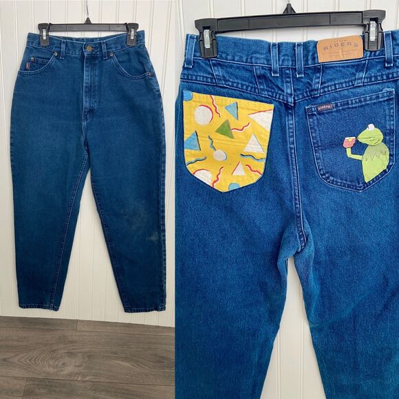 Kermit The Frog Vintage Handpainted Denim Riders Blue Jeans Straight Leg 28" - Picture 1 of 9